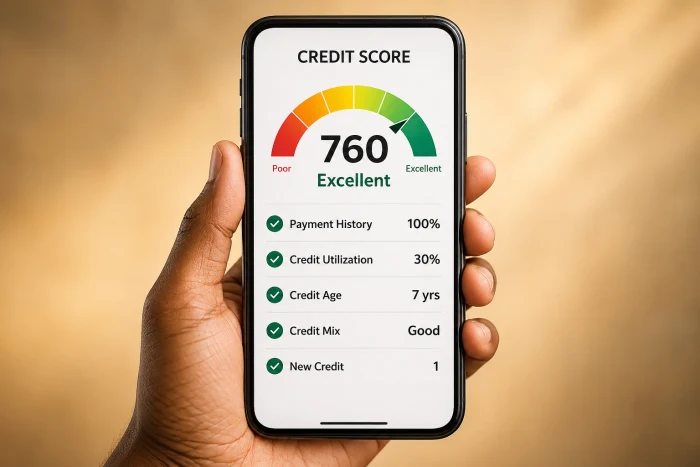 A phone showing a credit score breakdown, including payment history, credit utilization, credit age, credit mix, and new credit