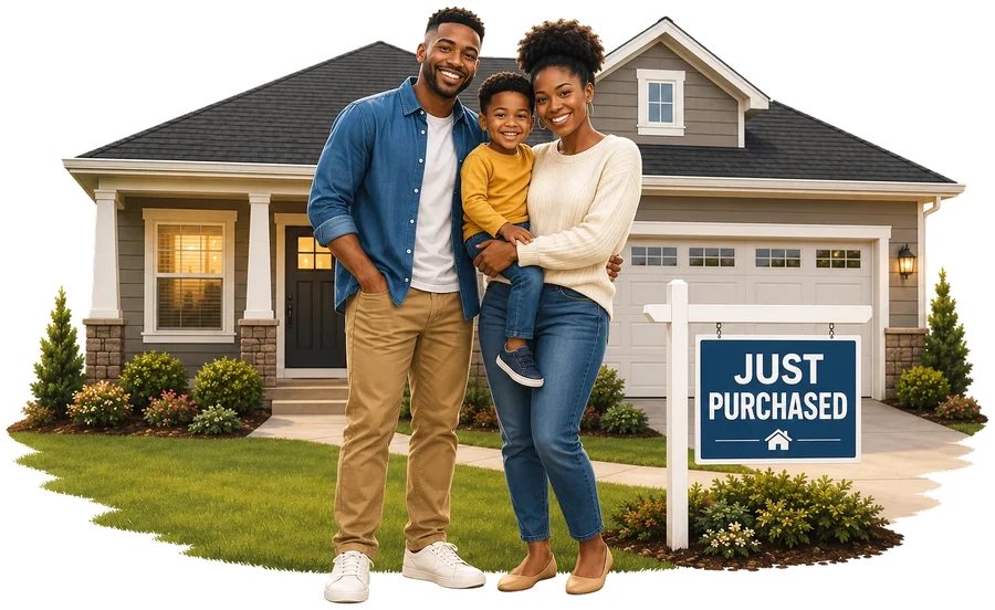 A family standing in front of their new house with a Just Purchased yard sign